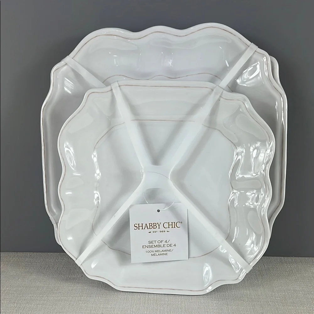 Shabby Chic Melamine Plates 8 pc Set 4 Dinner 4 Salad White Tan Edge NEW